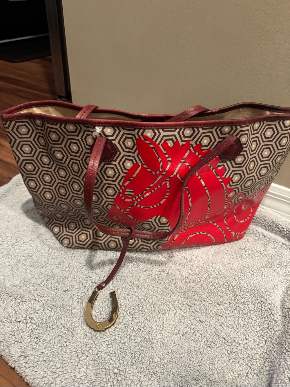 Jonathan Adler Geometric Tote with Red Floral Motif and Burgundy Trim